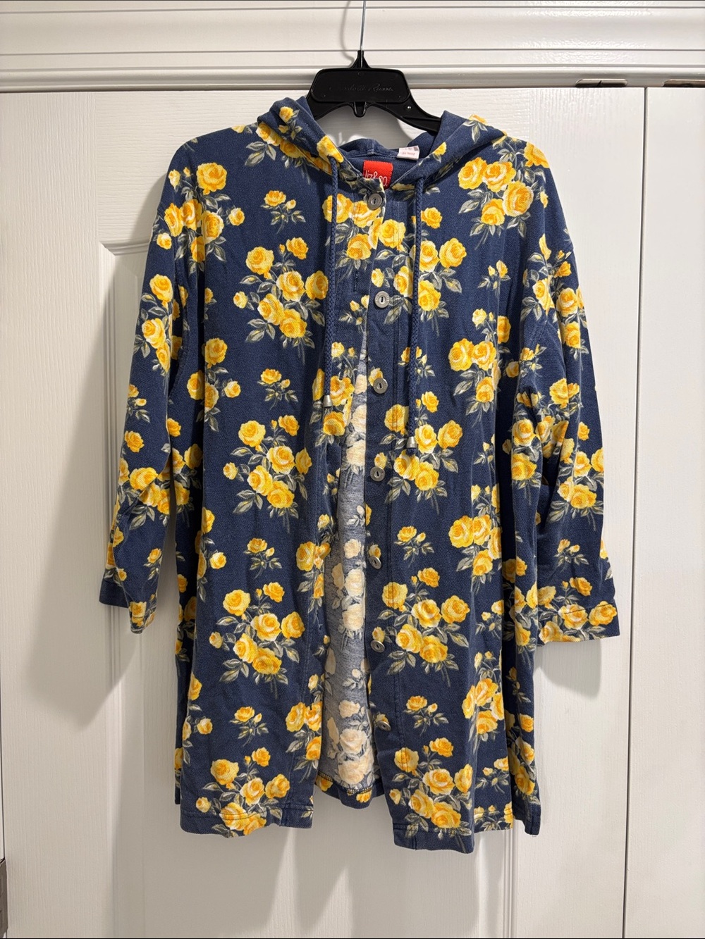 liz & co. Navy Hooded Teddy Jacket with Yellow Floral Print